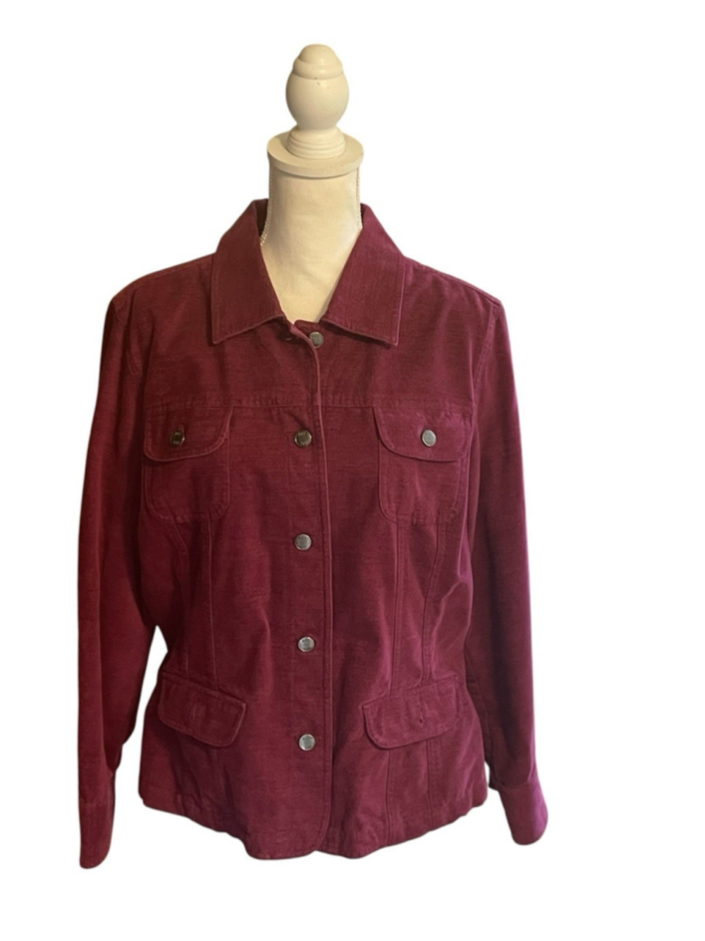 J JILL Burgundy Velvet Button Down Jacket Pockets Size L - Picture 2 of 8